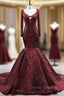 Burgundy Mermaid Long Sleeve V-neck Appliques Prom Dress