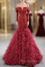 Burgundy Mermaid Sequins Off the Shoulder Long Sleeve Prom Dress With Feather