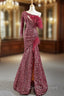 Burgundy Mermaid Sequins One Shoulder Long Sleeve Prom Dress