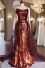 Burgundy Mermaid Sequins Strapless Pleats Prom Dress