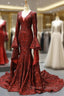 Burgundy Mermaid Sequins V-neck Flare Sleeve Backless Prom Dress