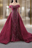 Burgundy Mermaid Tulle Off the Shoulder Pleats Prom Dress