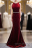 Burgundy Mermaid Velvet Backless Prom Dress