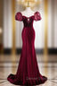 Burgundy Mermaid Velvet Puff Sleeve Prom Dress