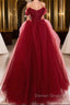 Burgundy off shoulder tulle lace long prom Dress burgundy formal Dress
