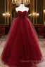 Burgundy Off Shoulder Tulle Lace Long Prom Dress, Burgundy Formal Graduation Dress