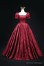 Burgundy Printed Long A-Line Prom Dress, A-Line Short Sleeve Formal Evening Dress