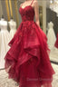 Burgundy Prom Dress, A-line V Neck Spaghetti Straps Long/Floor-Length Lace Prom Dress With Beading