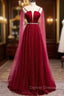 Burgundy Prom Dress, Spagetti-Strap Sleeveless Prom Dress Tulle Ruffles with Beadings