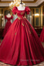Burgundy Red Satin Short Sleeve Square Appliques Quinceanera Dress