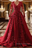 Burgundy round neck lace long prom Dress burgundy evening Dress