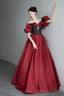 Burgundy Satin And Black Lace Floor Length Prom Dress, Off The Shoulder Evening Party Dress