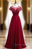 Burgundy Satin Backless Cap Sleeve Beading Pleats Prom Dress