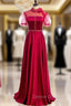 Burgundy Satin High Neck Short Sleeve Backless Beading Prom Dress