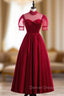 Burgundy Satin High Neck Short Sleeve Pleats Pearls Prom Dress