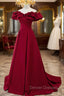 Burgundy Satin Long Prom Dress, A-Line Off Shoulder Evening Party Dress