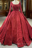 Burgundy Satin Long Sleeve Appliques Pearls Prom Dress