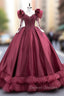 Burgundy Satin Long Sleeve Beading Prom Dress