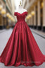Burgundy Satin Off the Shoulder Appliques Prom Dress