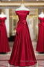 Burgundy Satin Off the Shoulder Bow Prom Dress