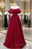 Burgundy Satin Off the Shoulder Long Prom Dress