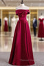 Burgundy Satin Off the Shoulder Pearls Prom Dress