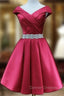 Burgundy Satin Off the Shoulder Pleats Beading Homecoming Dress
