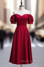 Burgundy Satin Off the Shoulder Puff Sleeve Prom Dress