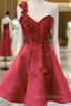 Burgundy Satin One Shoulder 3D Appliques Homecoming Dress
