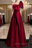 Burgundy Satin One Shoulder Bow Prom Dress