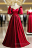 Burgundy Satin Puff Sleeve Beading Prom Dress