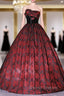 Burgundy Satin Rose Print Strapless Quinceanera Dress