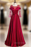 Burgundy Satin Short Sleeve Beading Backless Prom Dress