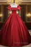 Burgundy Satin Short Sleeve Pleats Prom Dress