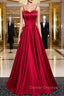 Burgundy Satin Spaghetti Straps Beading Prom Dress