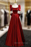 Burgundy Satin Square Neck Short Sleeve Bow Prom Dress