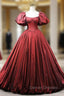 Burgundy Satin Square Puff Sleeve Pleats Prom Dress