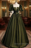 Burgundy Satin Square Puff Sleeve Pleats Prom Dress