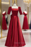 Burgundy Satin Square Short Sleeve Prom Dress With Bow