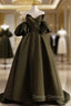 Burgundy Satin Strapless Puff Sleeve Prom Dress