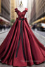 Burgundy Satin Strapls Pleats Prom Dress With Bow