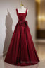 Burgundy Satin Straps Flower Prom Dress