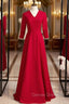 Burgundy Satin V-neck Half Sleeve Long Prom Dress