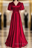 Burgundy Satin V-neck Puff Sleeve Backless Prom Dress