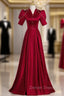 Burgundy Satin V-neck Short Sleeve Pearls Prom Dress
