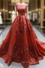 Burgundy Sequins Ball Gown Cap Sleeve Backless Prom Dress
