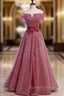 Burgundy Sequins Off the Shoulder Appliques Prom Dress
