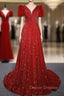 Burgundy Sequins Puff Sleeve Prom Dress With Bow