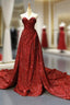 Burgundy Sequins Sweetheart Pleats Prom Dress With Long Train