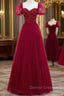 Burgundy Sequins Tulle Puff Sleeve Beading Prom Dress